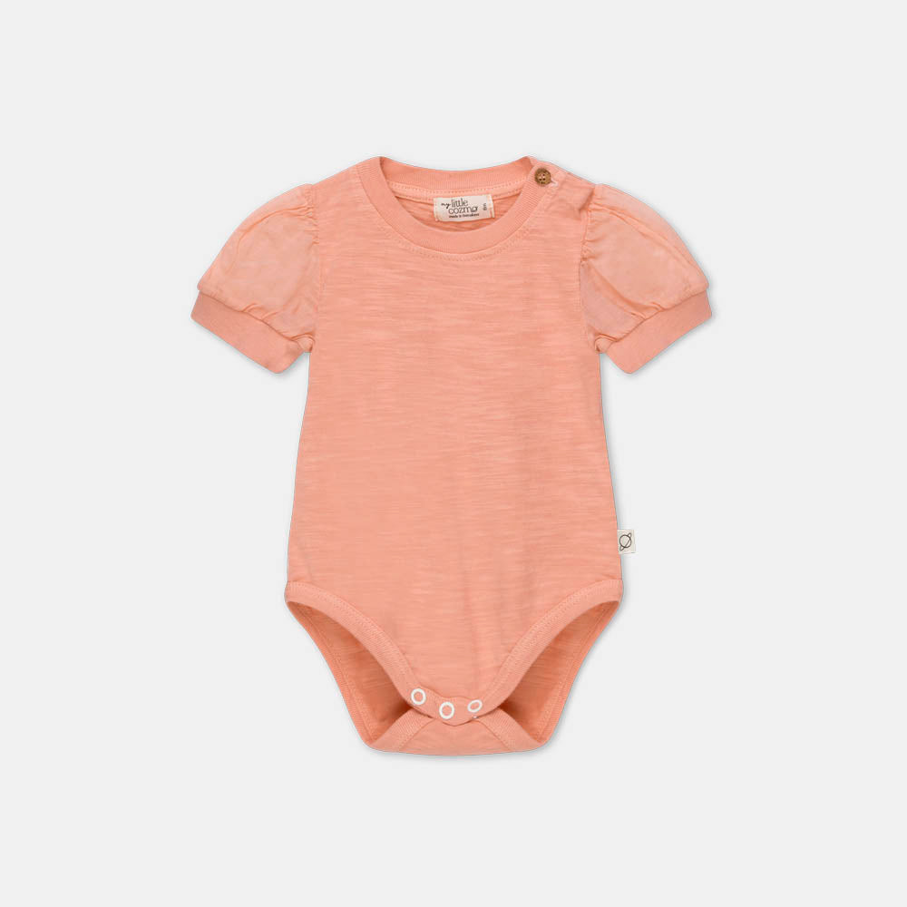 Slub Puffed Sleeves Bodysuit - Peach