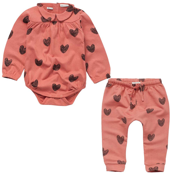 Heart Print Romper & Pants Set - Faded Rose