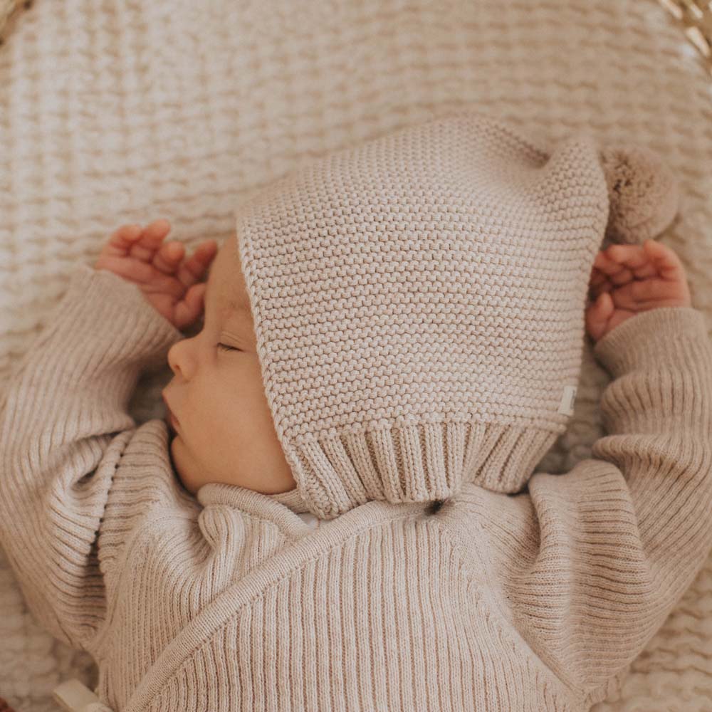 Newborn Knit Pom Pom Hat - Sand