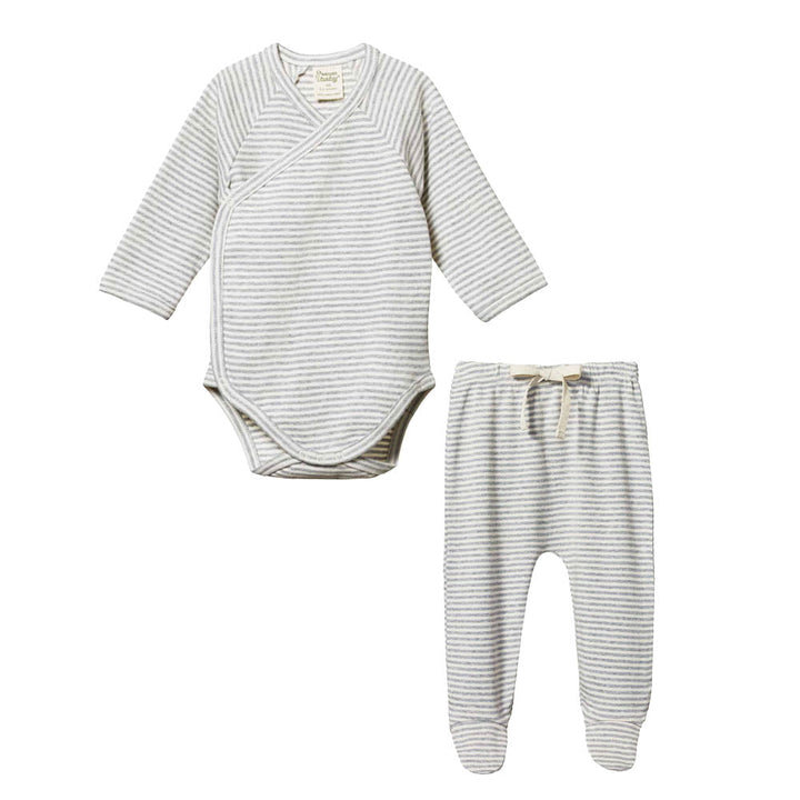 Long Sleeve Kimono Bodysuit & Footed Rompers - Grey Marl Stripe