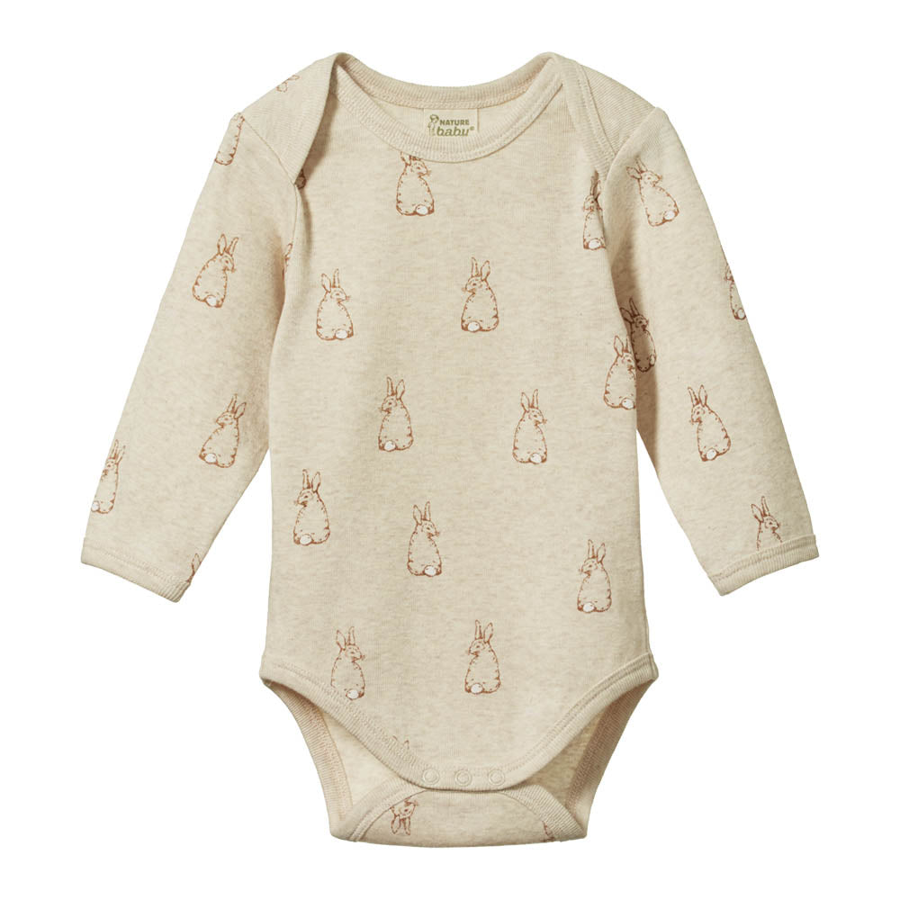 Long Sleeve Bodysuit - Bunny Tales Oatmeal Marl Print