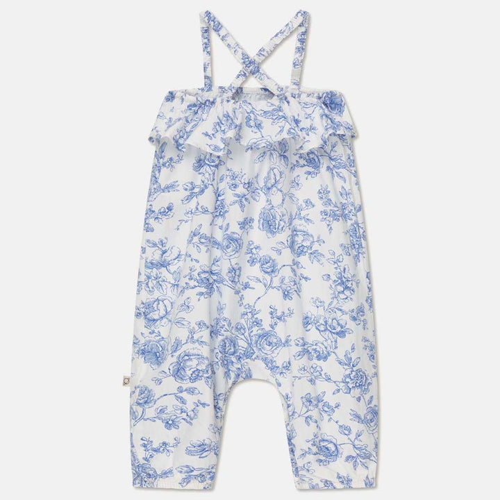 Cotton Floral Baby Overalls - Ivory Blue