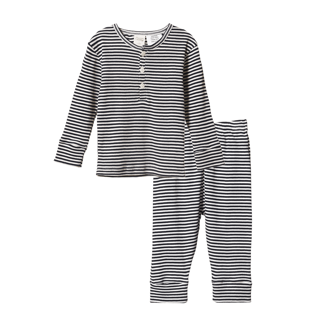 Cotton Rib Long Sleeve PJ Set - Navy Stripe