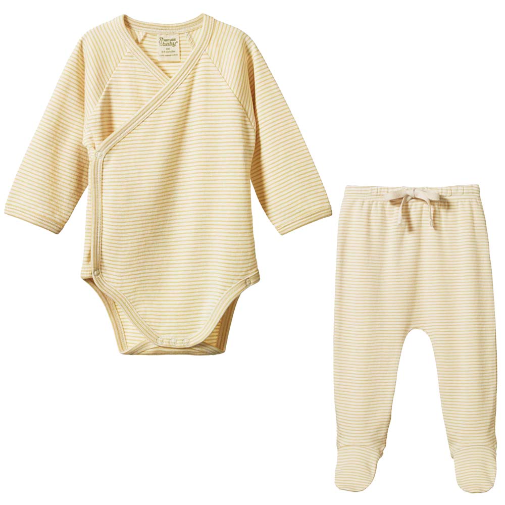 Long Sleeve Kimono Bodysuit & Footed Romper - Sand Pinstripe