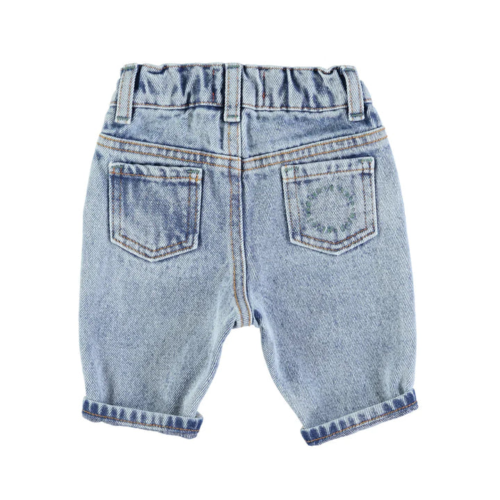 Baby Unisex Denim Trouser w/ Green Logo- Washed Light Blue