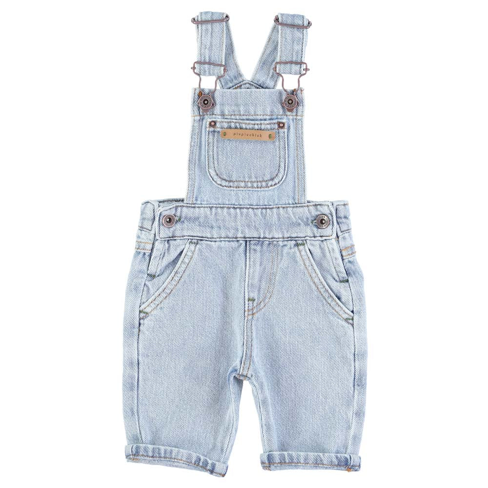 Baby Unisex Dungarees w/ Green Logo - Washed Light Blue Denim