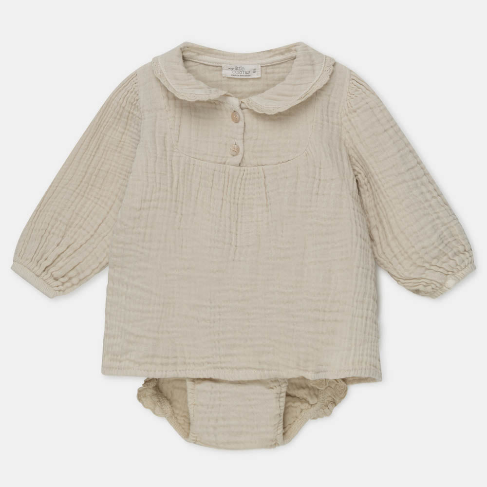 Organic Baby Blouse & Lace Bloomers - Stone