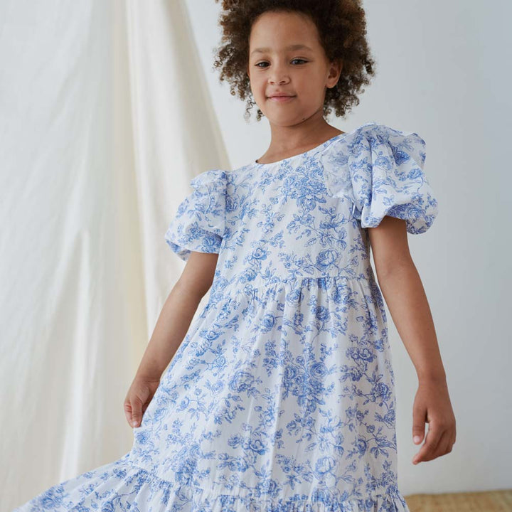 Cotton Floral Ruffle Dress - Ivory Blue