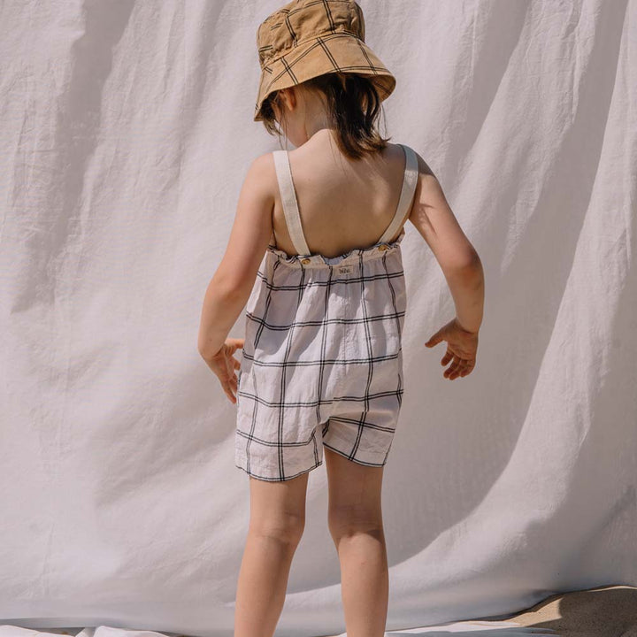 Ribbon Straps Cotton Plaid Jumpsuit - Talc