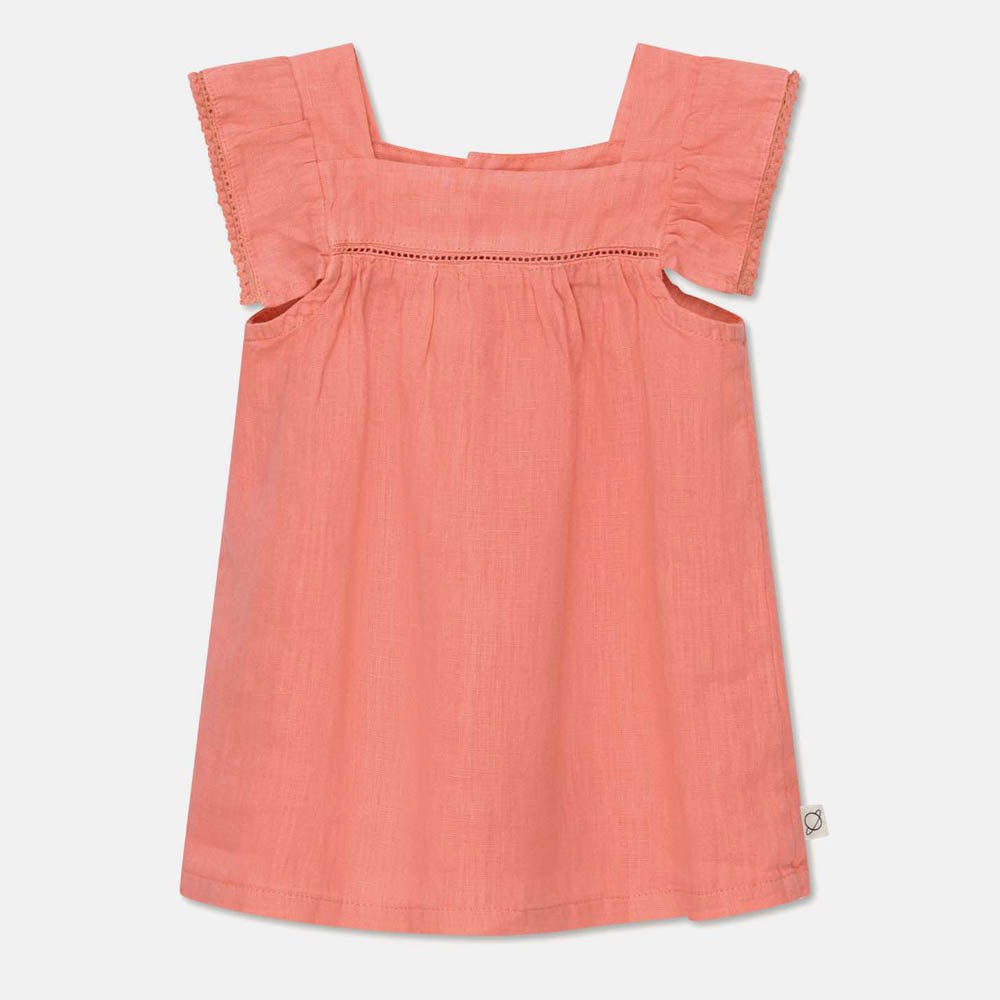 Linen Lace Baby Dress & Ruffle Bloomers - Coral