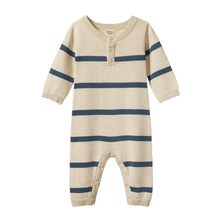 Cotton Knit Lou Suit - Oatmeal Marl/Sky Blue Stripe