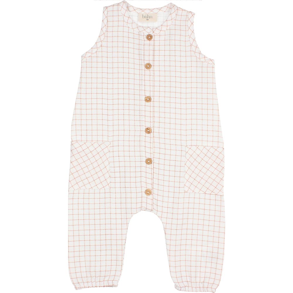 Button Front Mini Check Jumpsuit with Pockets - Terracotta