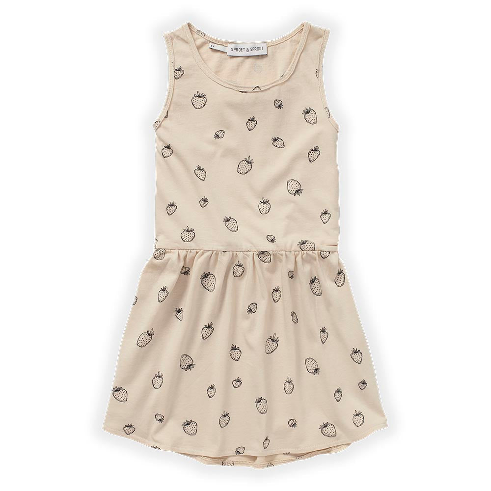 Strawberry Print Sleeveless Dress - Sesame