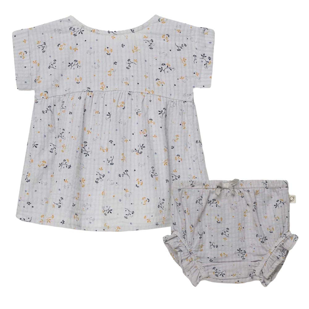 Muslin Floral Baby Dress & Bloomers - Soft Grey