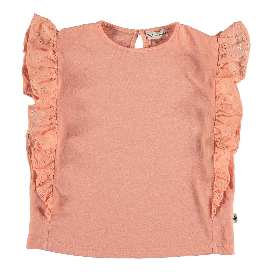 Kids Organic Cotton Ruffled Embroidery T-Shirt - Peach