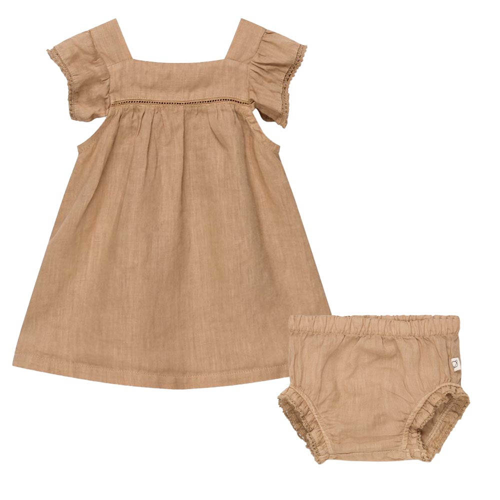 Linen Lace Baby Dress & Ruffle Bloomers - Sand